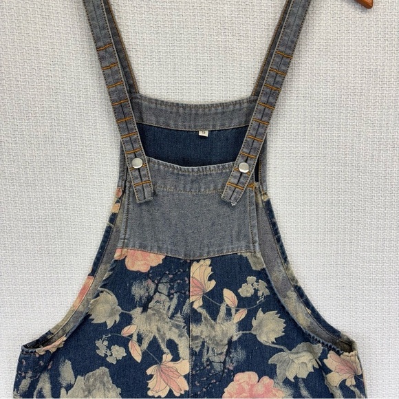 COWOKA Boho Floral Denim Bib Overalls Loose Wide Leg Jumpsuit Suspenders Small - Picture 2 of 13